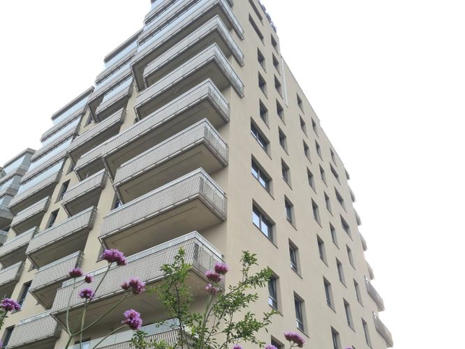 Tall beige apartment building viewed from below with balconies and purple flowers in the foreground