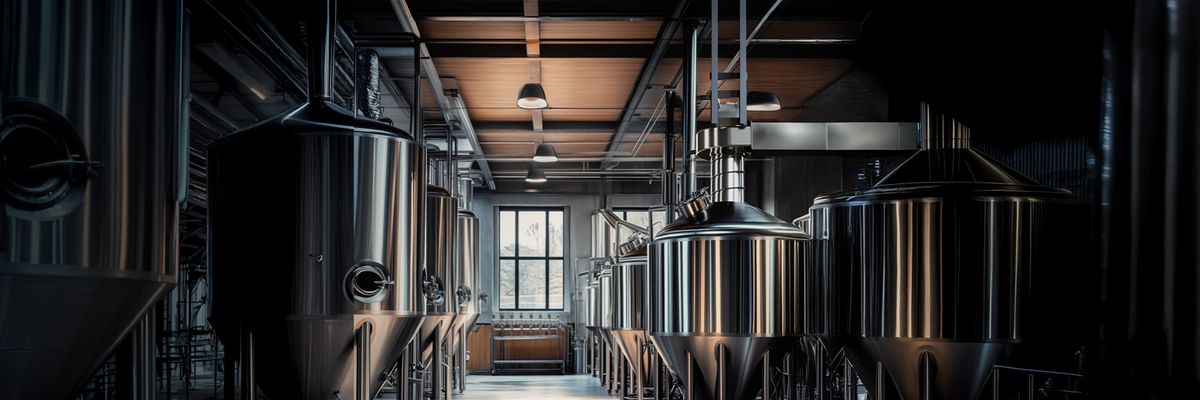 Industrieller Raum mit mehreren großen, zylindrischen Edelstahltanks und einem Fenster im Hintergrund.