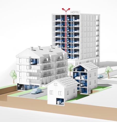 3D-Darstellung verschiedener Wohngebäude und ein Hotel mit markierten Lüftungswegen in den Innenräumen