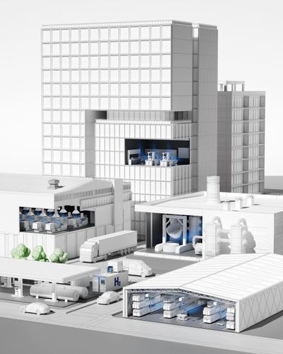 3D model of an industrial site featuring factory buildings, lorries, hydrogen tankers and ventilation systems