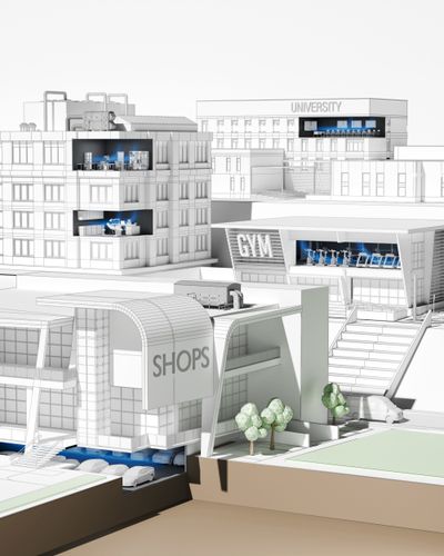 3D architectural model showing a university building, a gym with exercise bikes, a shops building, and a multi-story building with visible interior rooms and equipment