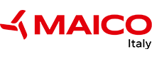 Rotes MAICO-Logo mit stilisiertem Propeller links vom Schriftzug und darunter schwarzer Schriftzug Italy