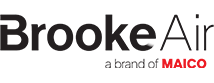 Logo 'Brooke Air' in schwarzer Schrift, darunter kleiner Text 'a brand of' in Schwarz und 'MAICO' in roter Schrift.