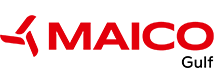 Rotes MAICO-Logo mit stilisiertem Propeller links vom Schriftzug und darunter schwarzer Schriftzug Gulf