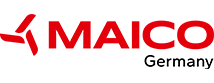 Rotes MAICO-Logo mit stilisiertem Propeller links vom Schriftzug und darunter schwarzer Schriftzug Germany