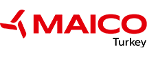 Rotes MAICO-Logo mit stilisiertem Propeller links vom Schriftzug und darunter schwarzer Schriftzug Turkey