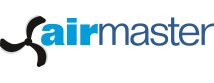 Logo mit schwarzen Propeller links und dem Schriftzug 'airmaster' in Blau- und Dunkelblau-Tönen rechts.