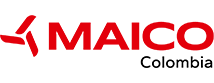 Rotes MAICO-Logo mit stilisiertem Propeller links vom Schriftzug und darunter schwarzer Schriftzug Colombia