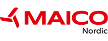 Rotes MAICO-Logo mit stilisiertem Propeller links vom Schriftzug und darunter schwarzer Schriftzug Nordic