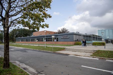 Low one-story brick and glass building with a flat roof and a sign reading 'VESTERGADE SKOLE' with two people walking on the sidewalk in front