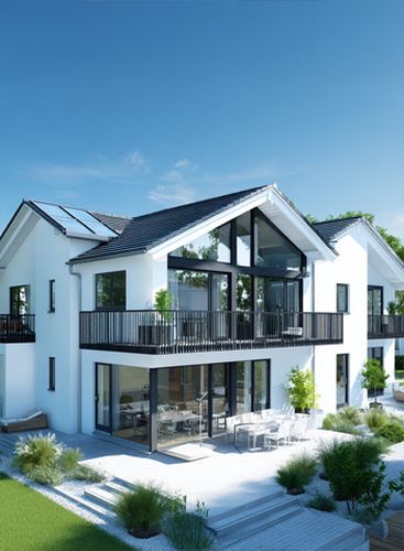 Modernes weißes Einfamilienhaus mit großen Glasfronten, Balkon mit schwarzem Geländer und Solarpanelen auf dem Dach.