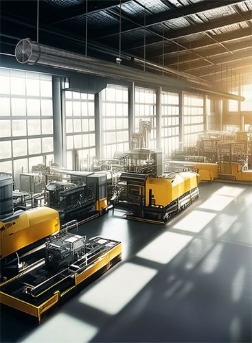 Große Industriehalle mit mehreren gelb-schwarzen Maschinen und großen Fenstern, durch die Sonnenlicht fällt.