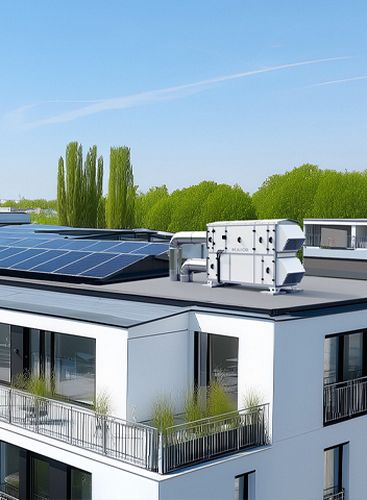 Auf dem Flachdach eines weißen Gebäudes ist eine RLT-Lüftungsanlage angebracht