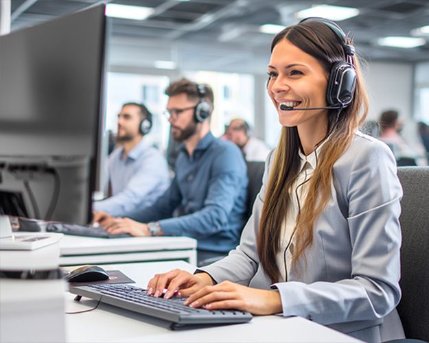 Drei Personen mit Headsets sitzen an Schreibtischen vor Computern in einem Büro, die vordere Person trägt ein helles Sakko.