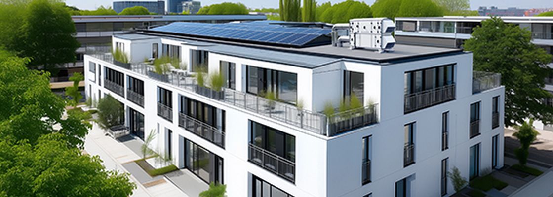 A modern three-storey residential building with a flat roof, solar panels and a ventilation unit on the roof