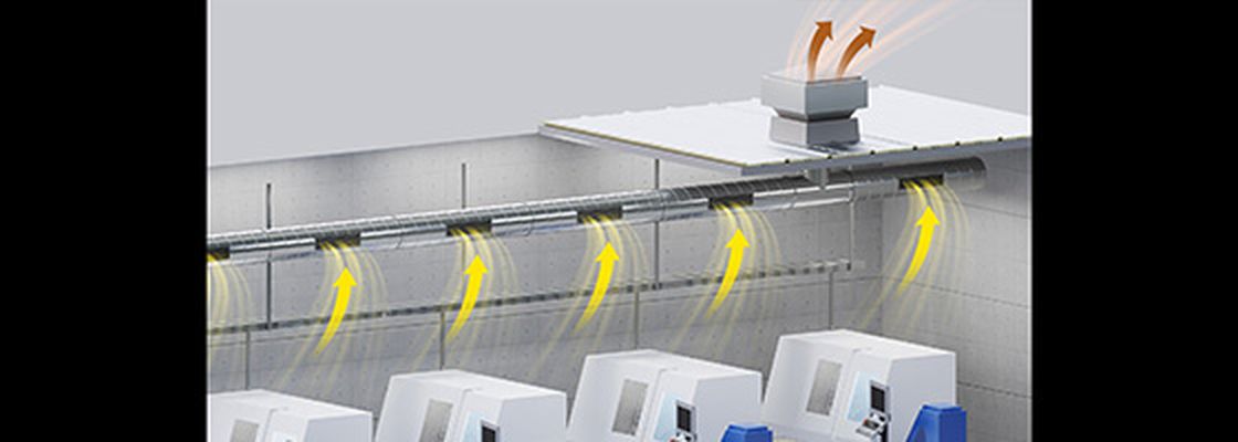 Machine room containing several machines and a roof fan that vents air to the outside