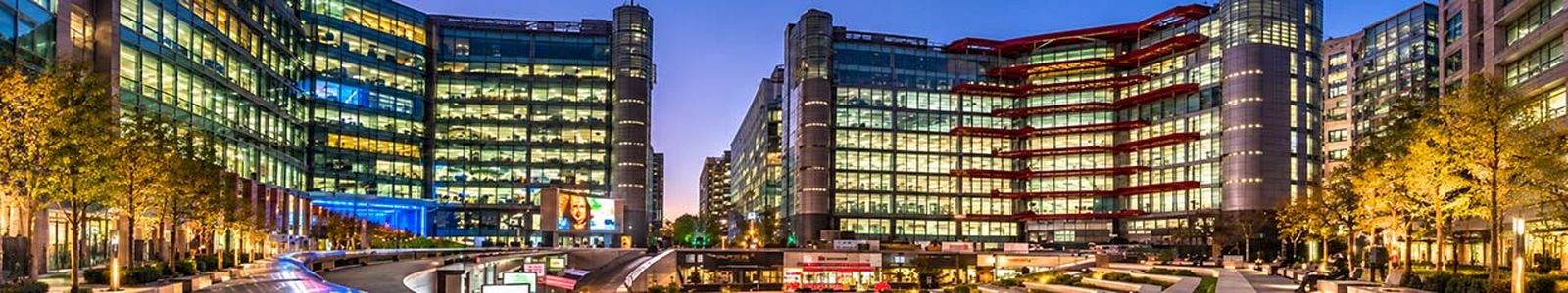 View of a modern office building facade with many illuminated windows and trees in the foreground at night