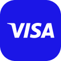  Blauw afgerond vierkant icoon met het witte “VISA”-logo, dat het Visa credit- en debitcardmerk vertegenwoordigt.