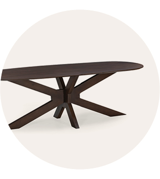 Moderne eettafel van donker hout met een ovaal tafelblad en een stervormig onderstel tegen een lichte achtergrond.