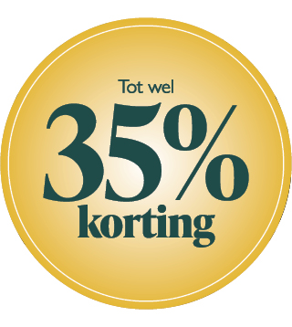 Geel rondje als indicatie van de sale. tot wel 35 procent korting op de collectie
