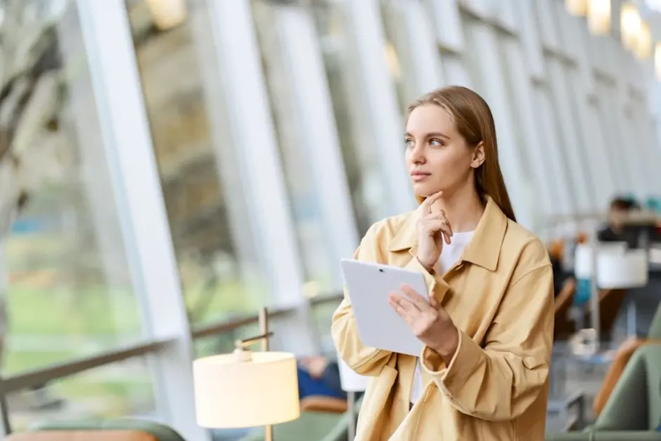 maut1.de Stellenportal - Frau mit Tablet überlegt