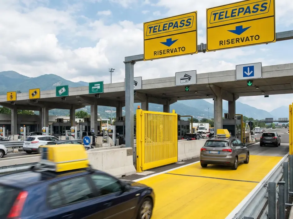 Gelb markierte Telepass-Spuren an einer Mautstation in Italien