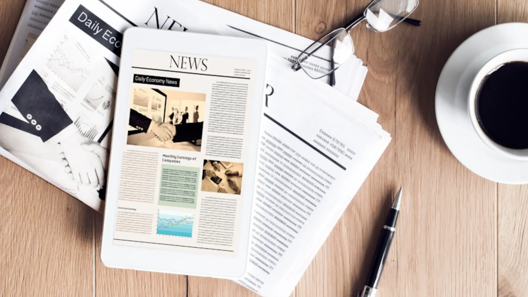 Bild von Zeitung mit Tablet und-Kaffee
