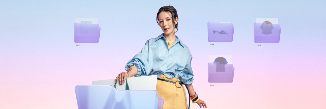 Person in a blue shirt and yellow skirt stands with a large filing folder, surrounded by floating digital folders labeled with years.