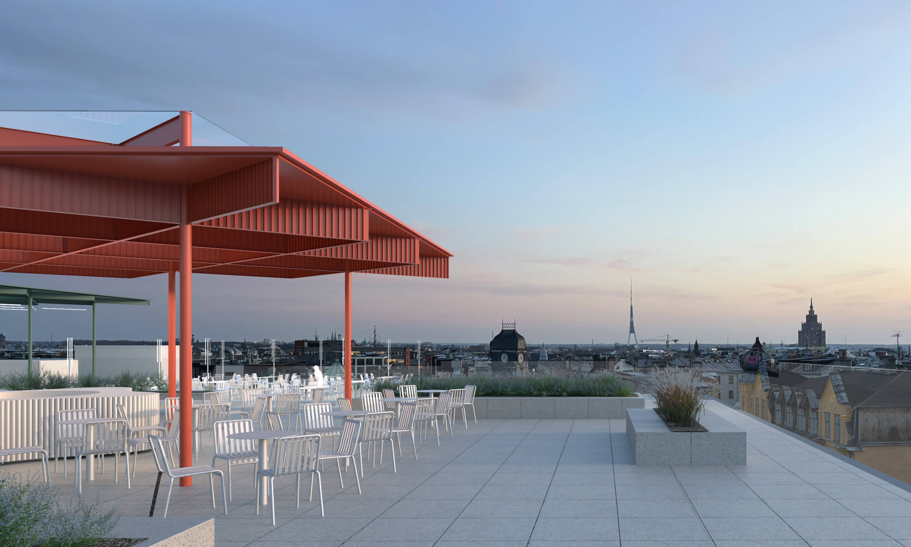 Rooftop terrace with white chairs and tables under a red canopy, overlooking a cityscape at sunset.