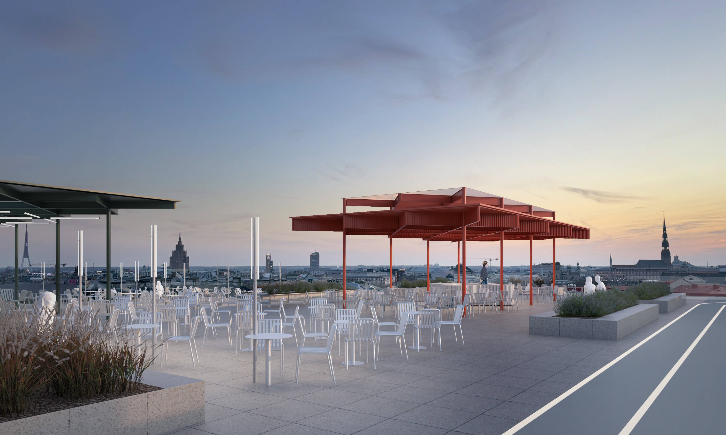 Rooftop terrace at sunset with white chairs and tables, red pergola, and city skyline in the background.