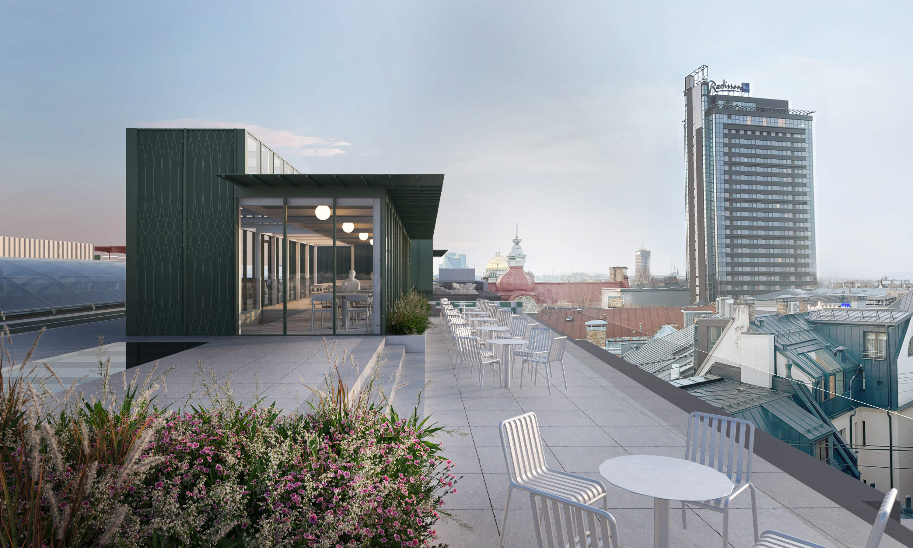 Modern rooftop terrace with metal chairs and tables, overlooking a cityscape with a tall building and cloudy sky in the background.