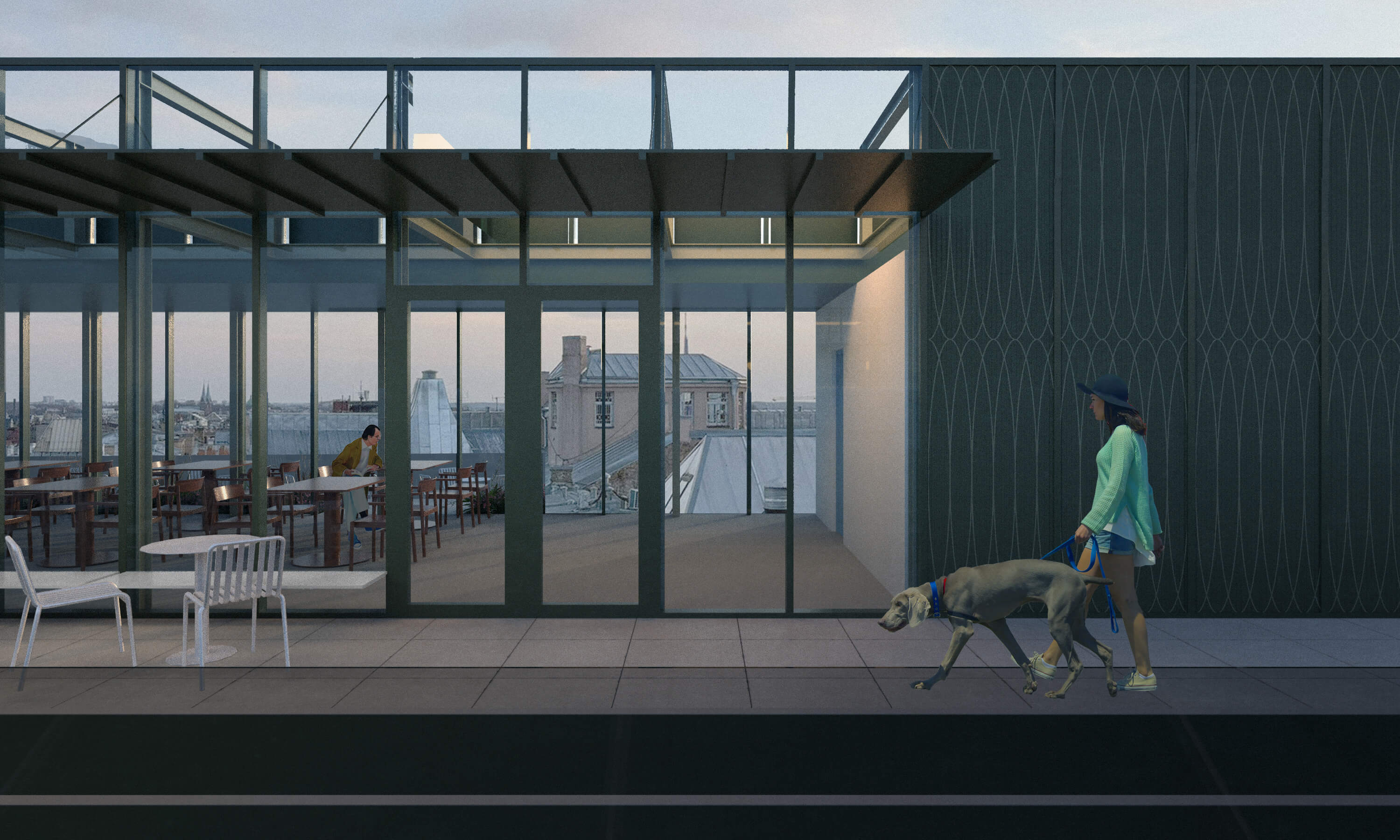 Person walking a dog on a terrace with glass walls, revealing an indoor dining area. Cityscape visible in the background.