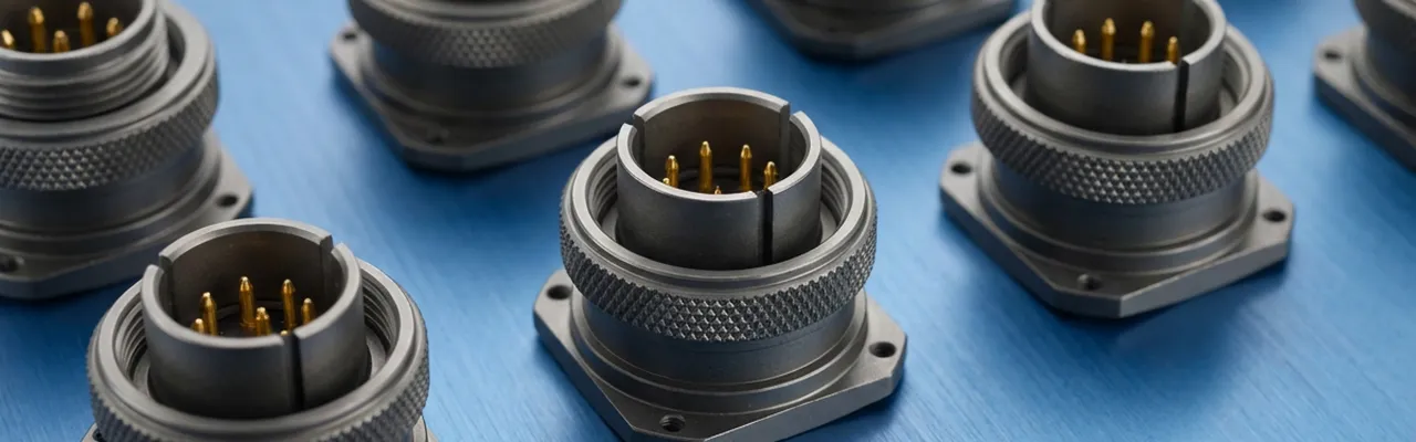 A set of eight metal electrical connectors with multiple pins are arranged neatly on a blue surface.