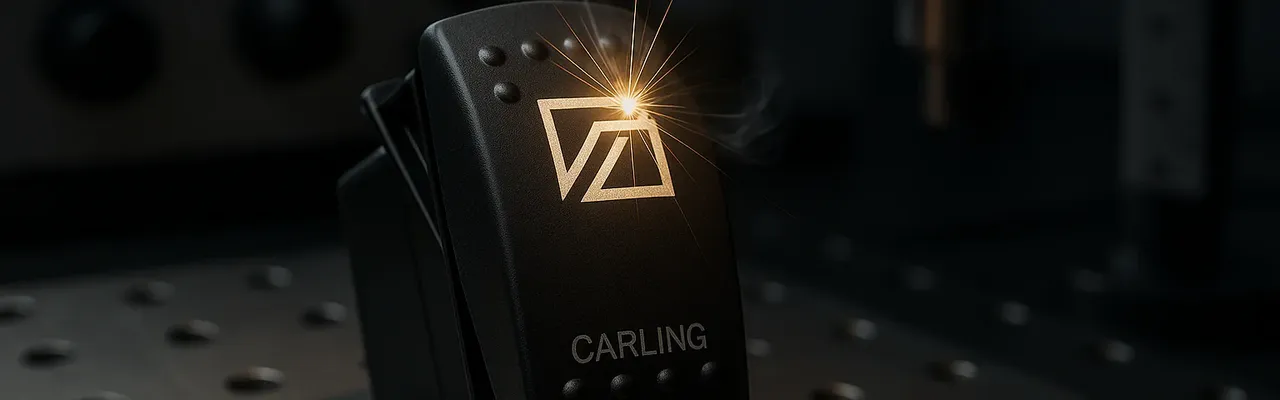 A black Carling Contura V switch on a metal surface, illuminated by a bright spark, with smoke rising in a dimly lit industrial setting.