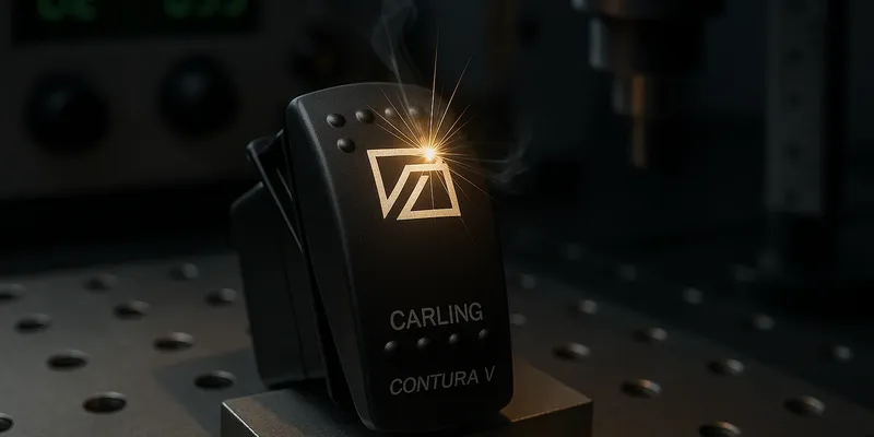 A black Carling Contura V switch on a metal surface, illuminated by a bright spark, with smoke rising in a dimly lit industrial setting.