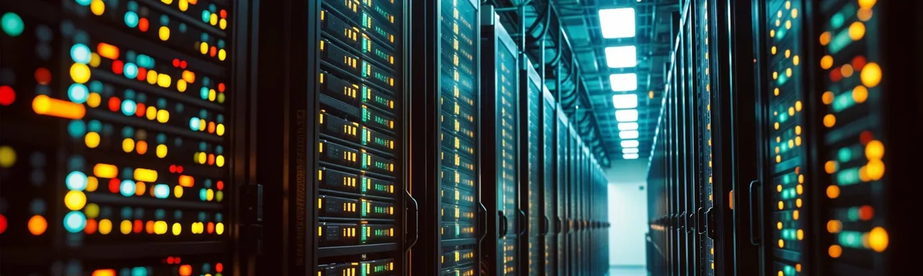 A brightly lit data center corridor with rows of server racks on both sides, displaying colorful indicator lights.