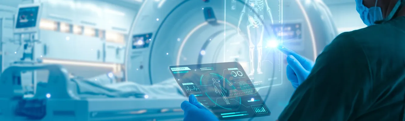A medical professional in scrubs uses a digital tablet in a futuristic hospital room with advanced imaging equipment and holographic displays.