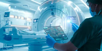 A medical professional in scrubs uses a digital tablet in a futuristic hospital room with advanced imaging equipment and holographic displays.