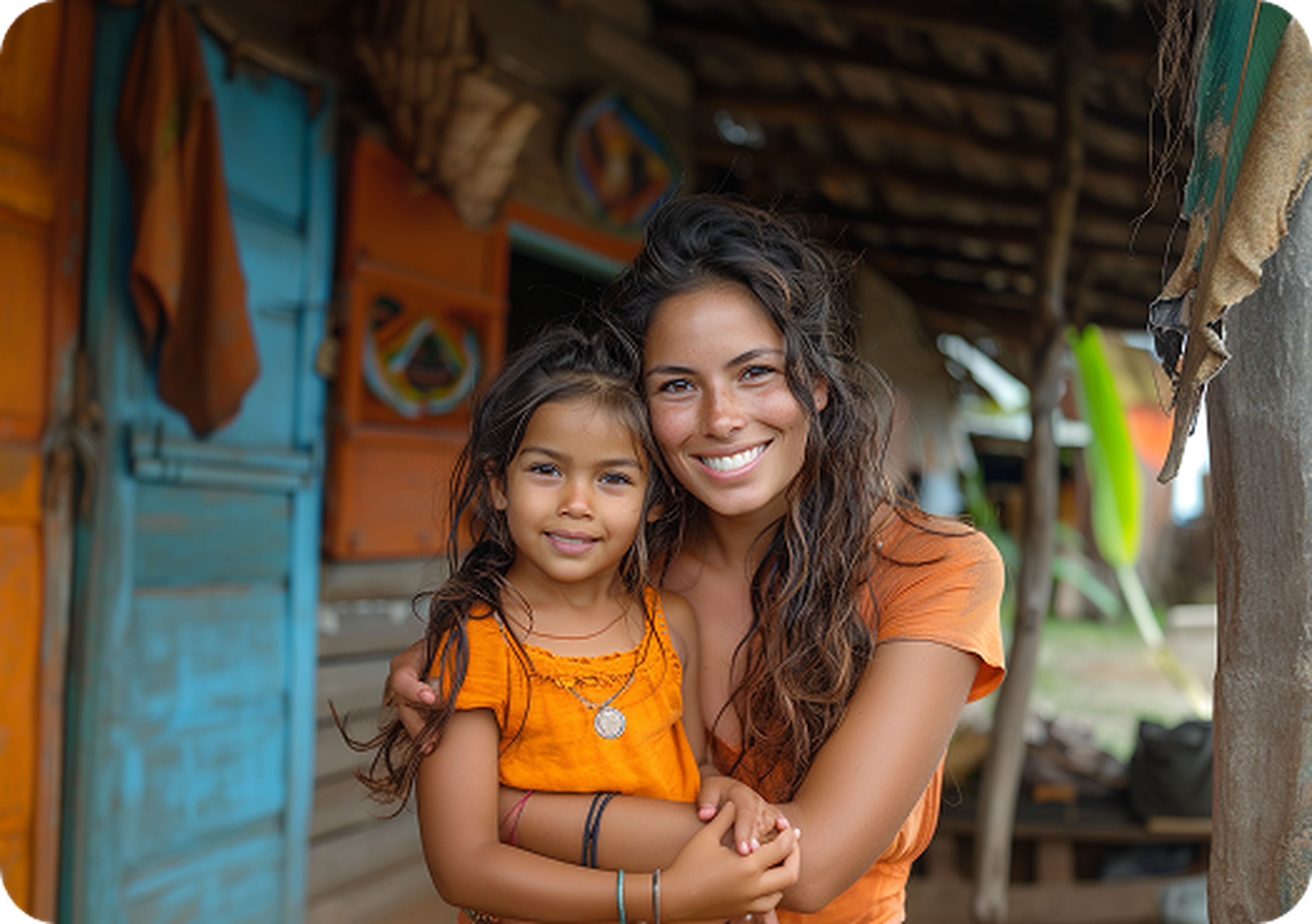 Mother holding daughter wearing orange smiling on house porch in Colombia