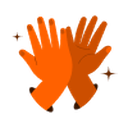 Two orange hands meeting in a high-five gesture with decorative sparkles on a white background.