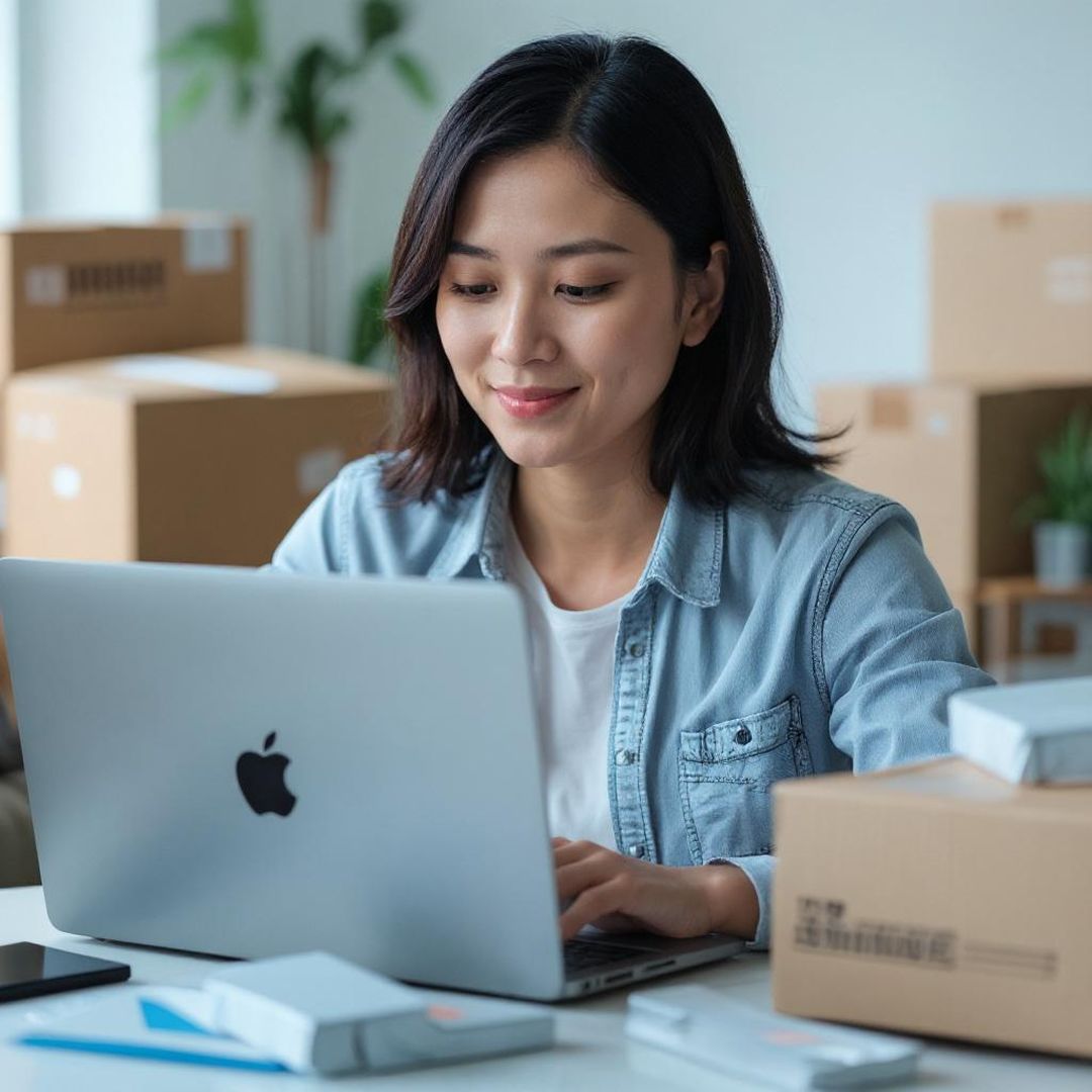 Woman in denim shirt working on laptop at desk surrounded by cardboard boxes in office setting.