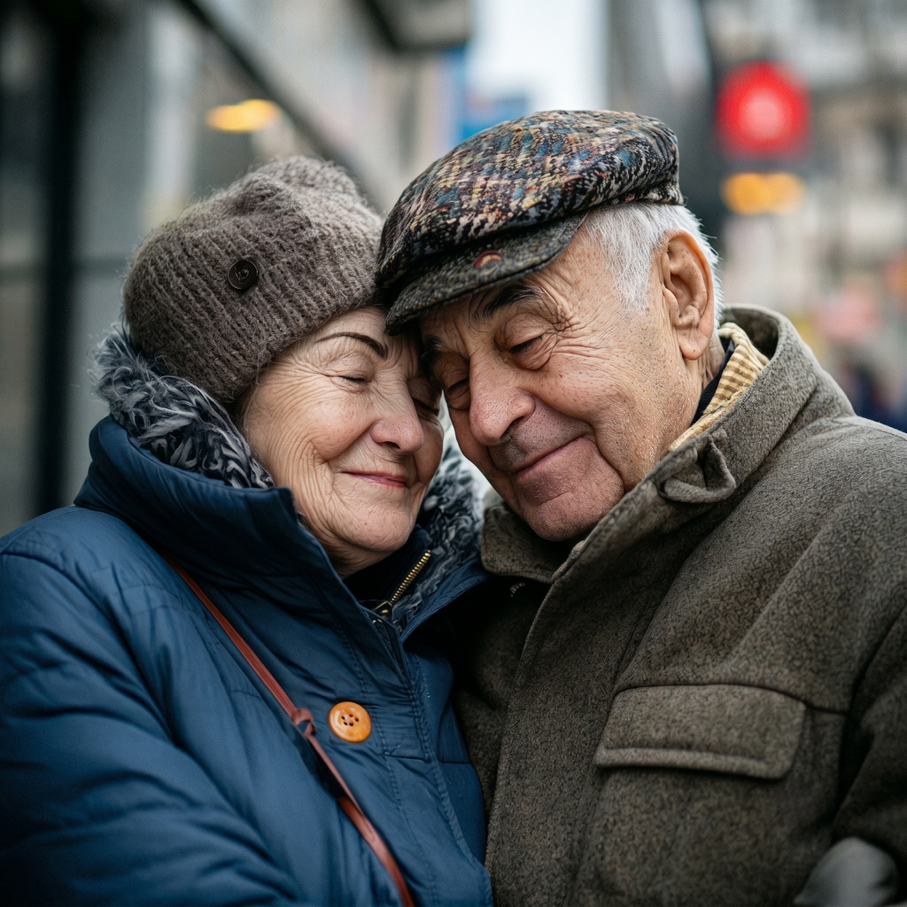 Older couple smiling together on an urban street with traffic lights in the background.