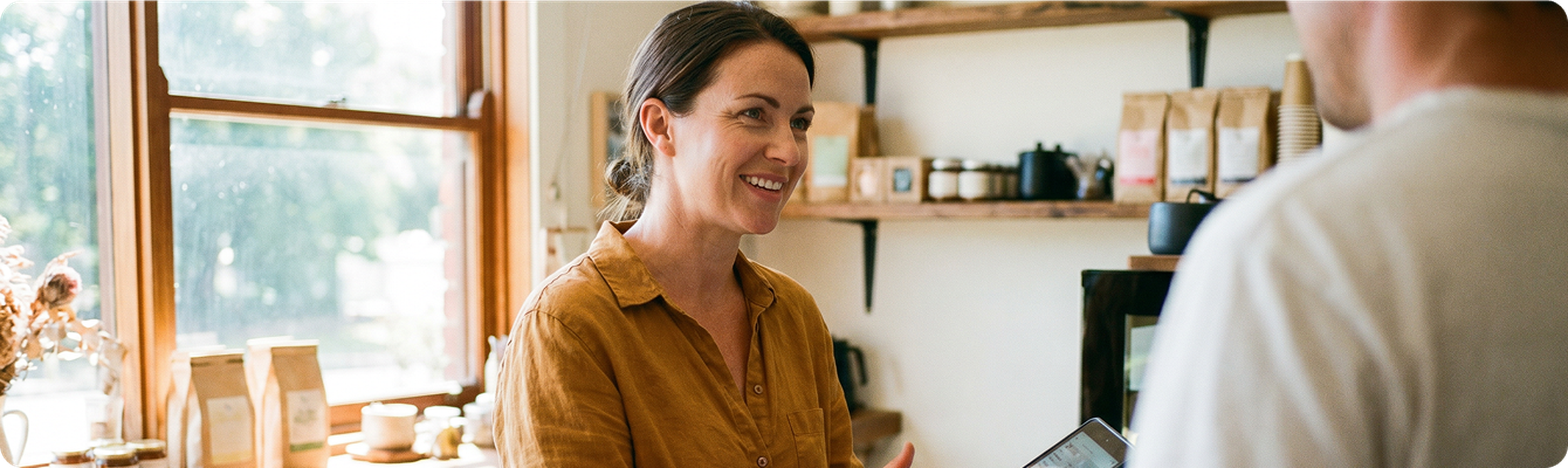 Woman in mustard shirt smiling at customer in bright café with shelves and window behind.