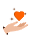 Open hand holding an orange heart with brown sparkles, symbolizing care and support in community partnerships.
