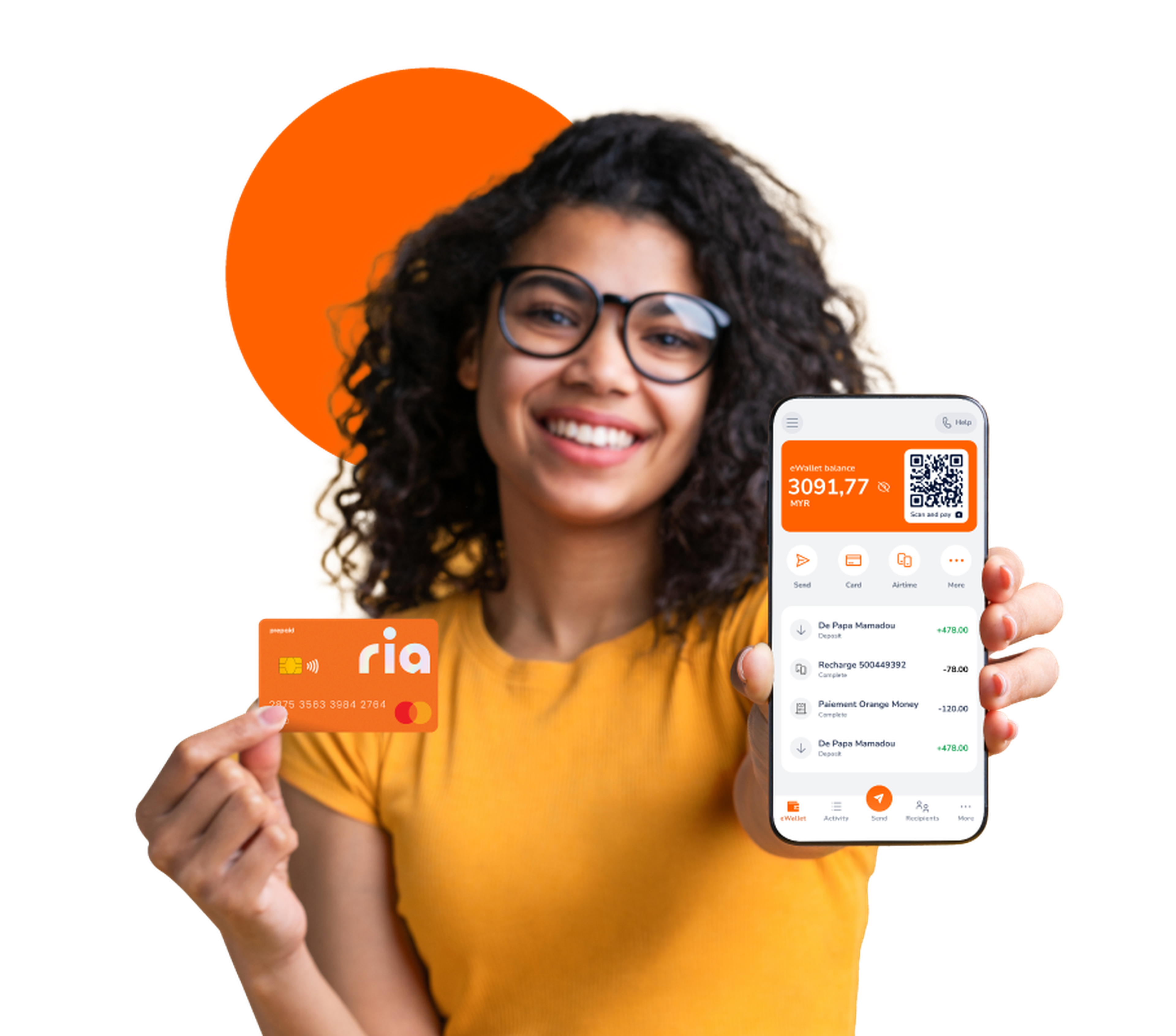 Man on a bus holding a smartphone, smiling while using the Ria money transfer app.