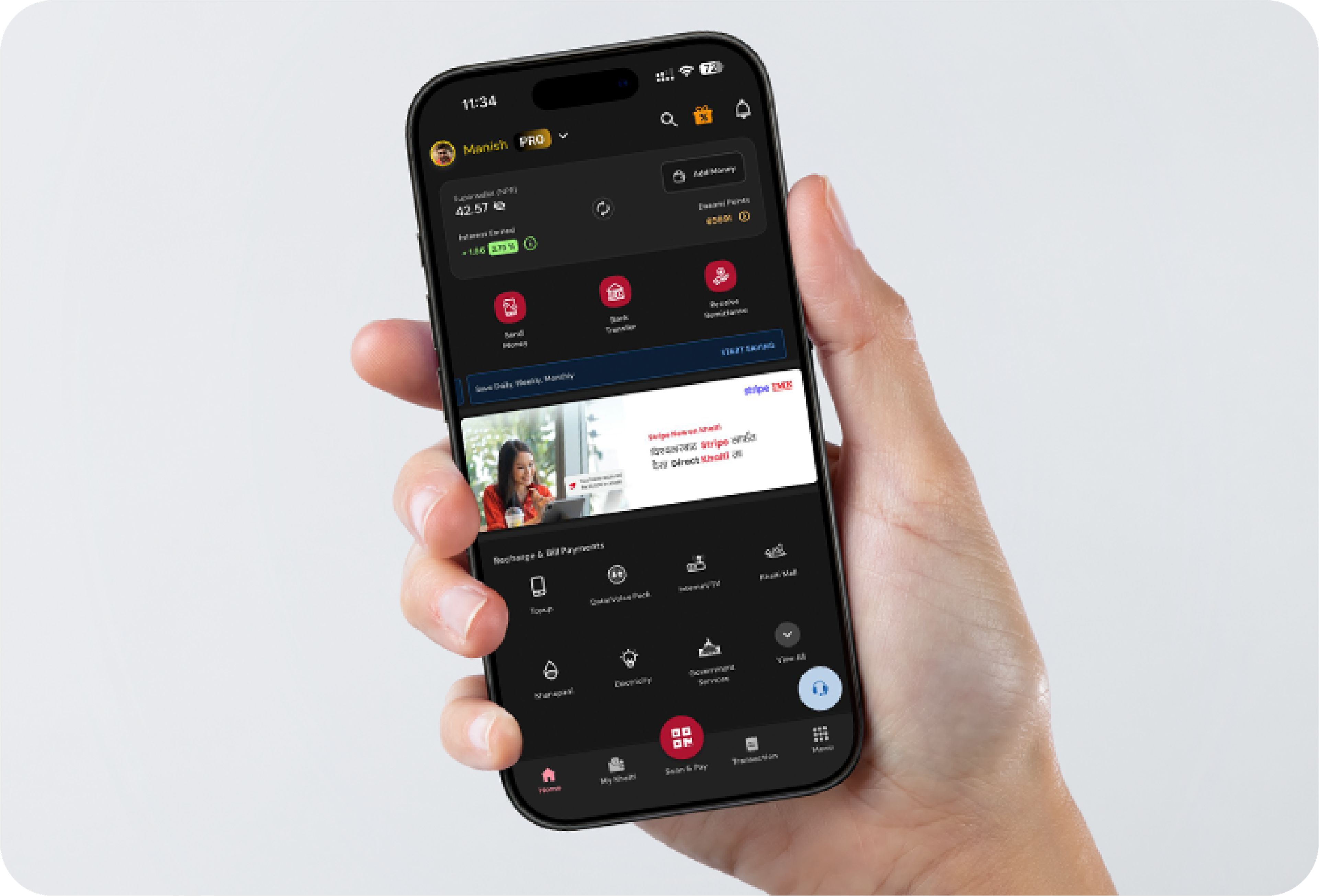 Hand holding smartphone displaying Khalti money transfer app with account balance, send money options, and merchant payment icons.