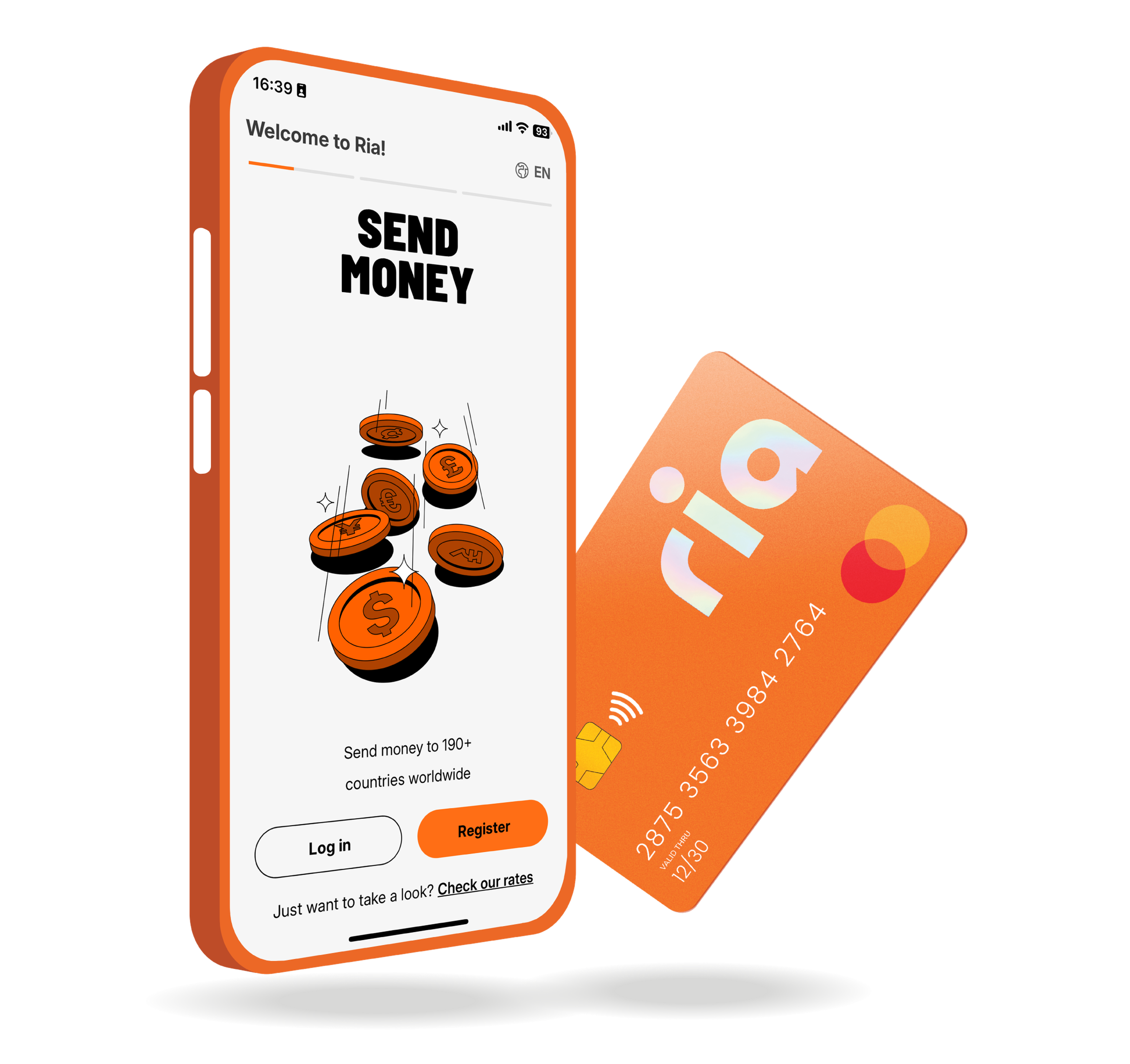 Ria Money Transfer app screen displaying "Welcome to Ria!" with Send Money headline, animated coins, Log in and Register buttons, and orange Ria card.