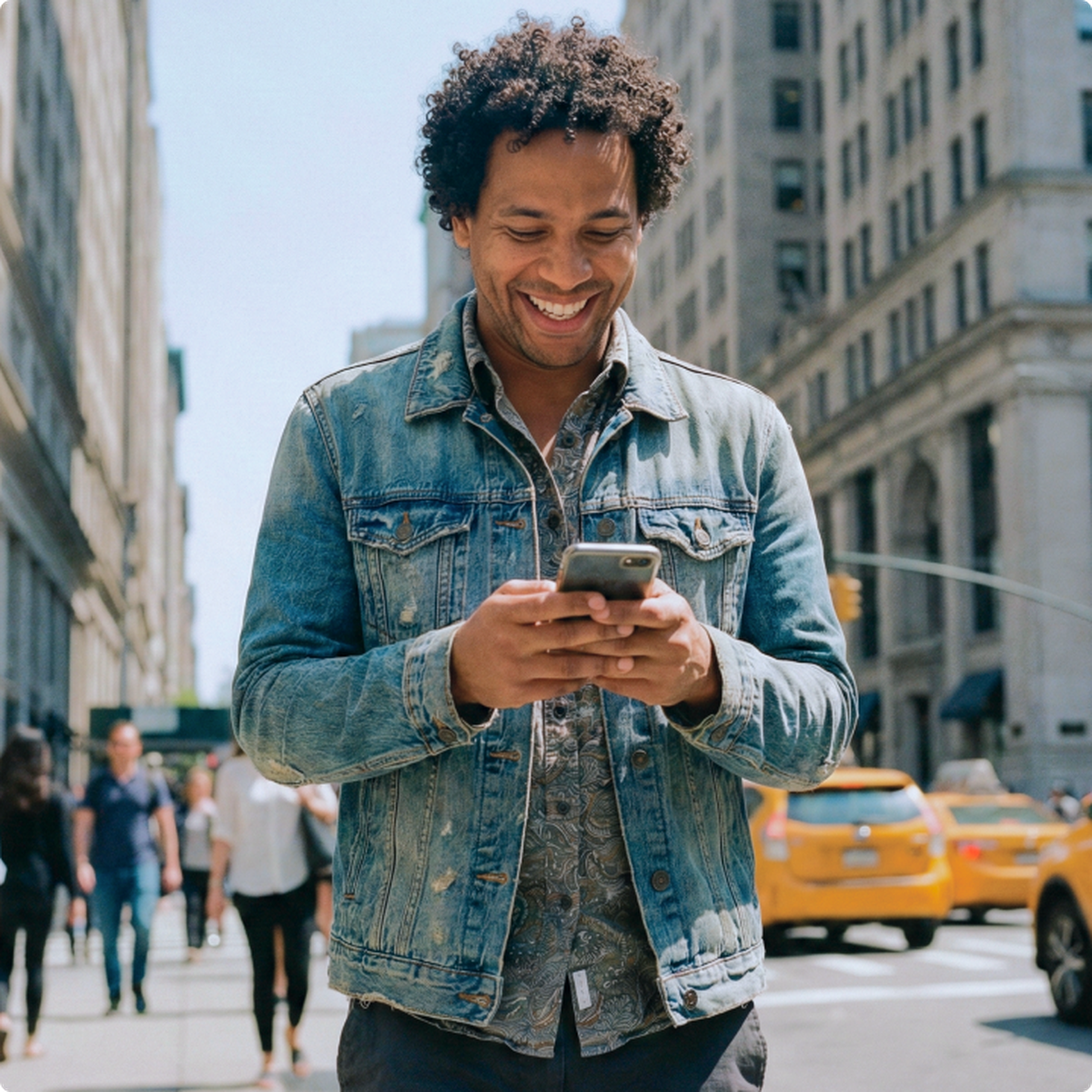 Man in denim jacket smiling while holding a smartphone on a busy city street with tall buildings and yellow taxis.