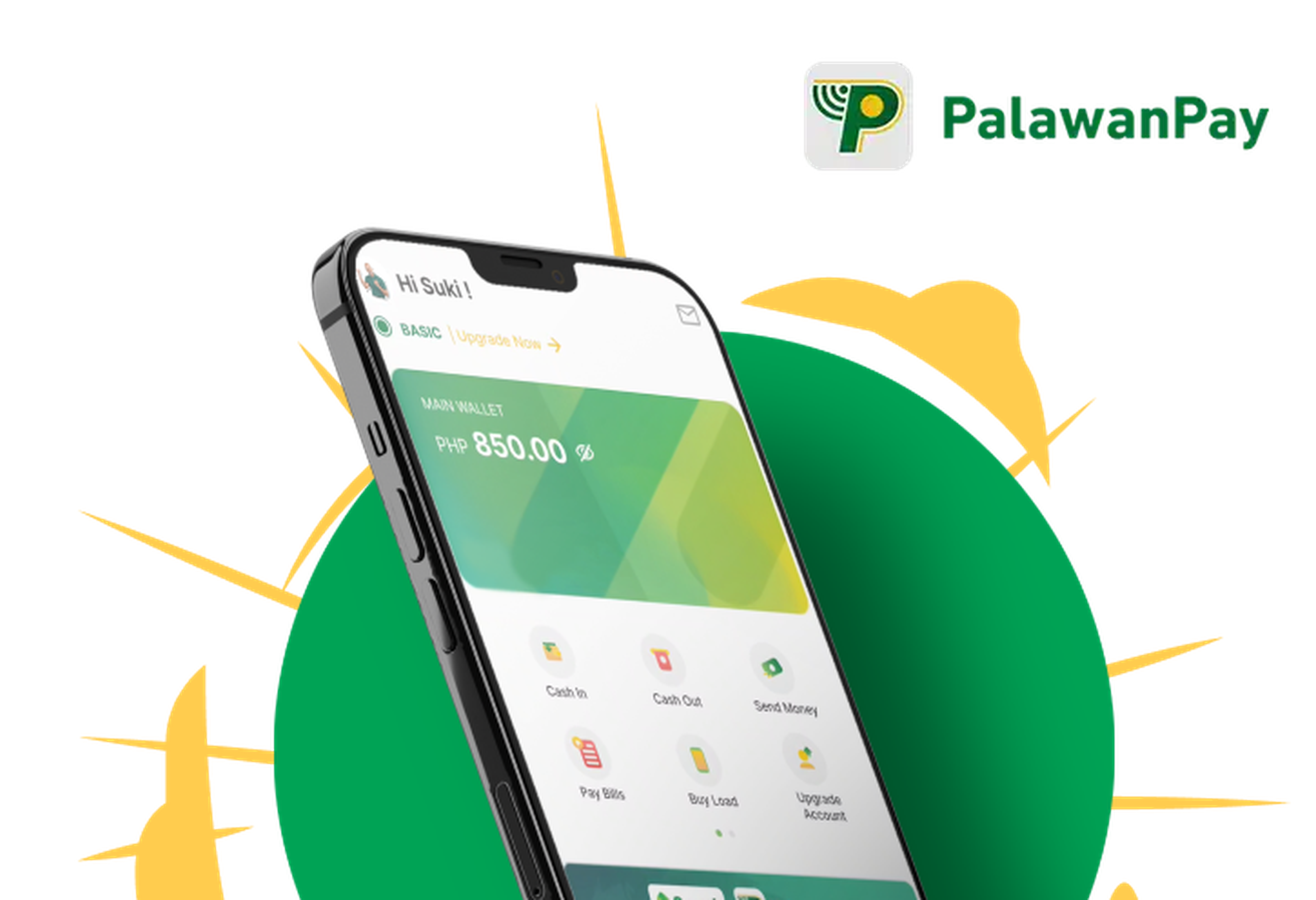 PalawanPay app screen showing PHP 850.00 main wallet balance with Cash In, Cash Out, Send Money and other transaction options.