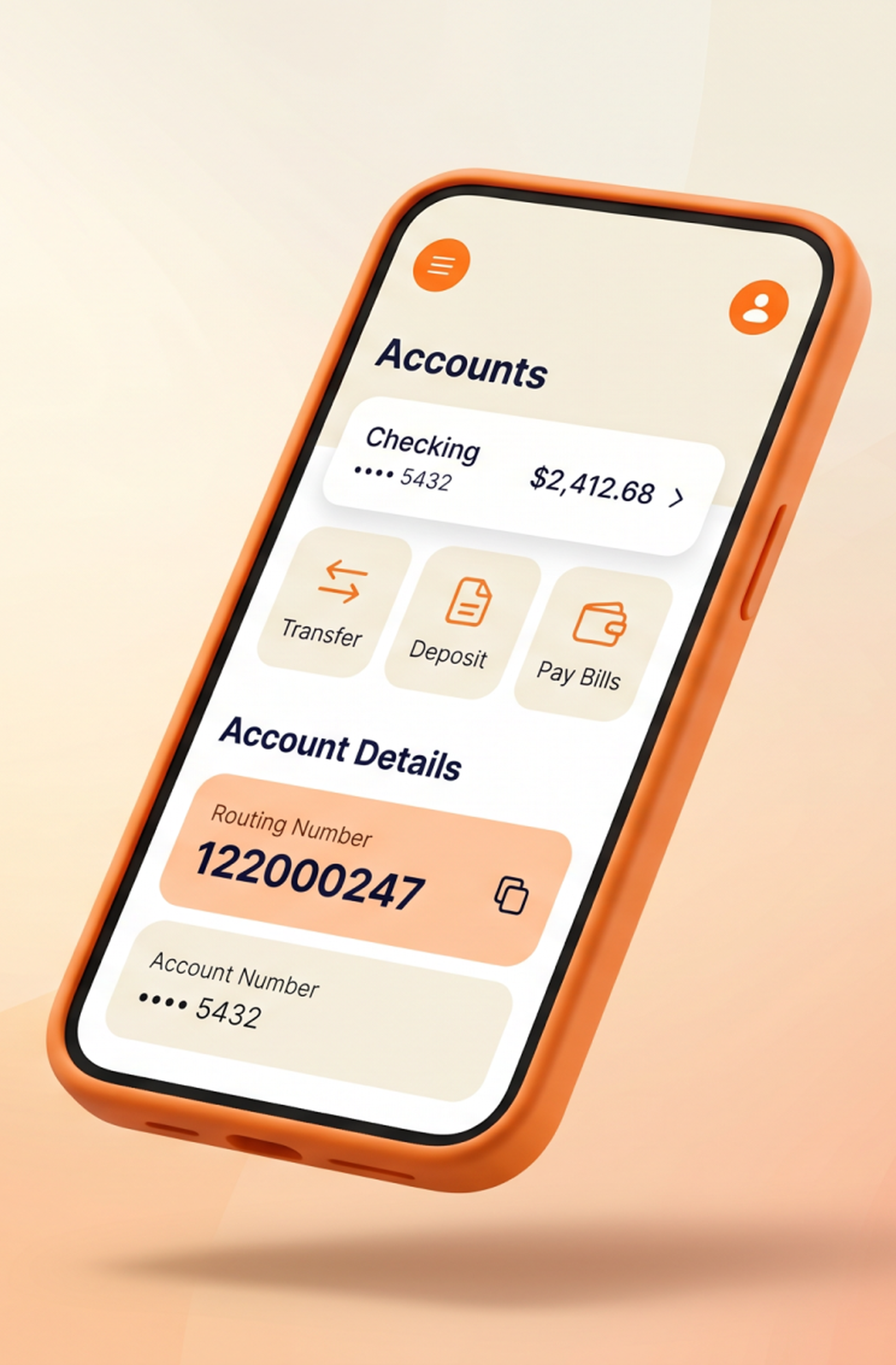 Mobile banking app showing routing number and account details on smartphone screen.